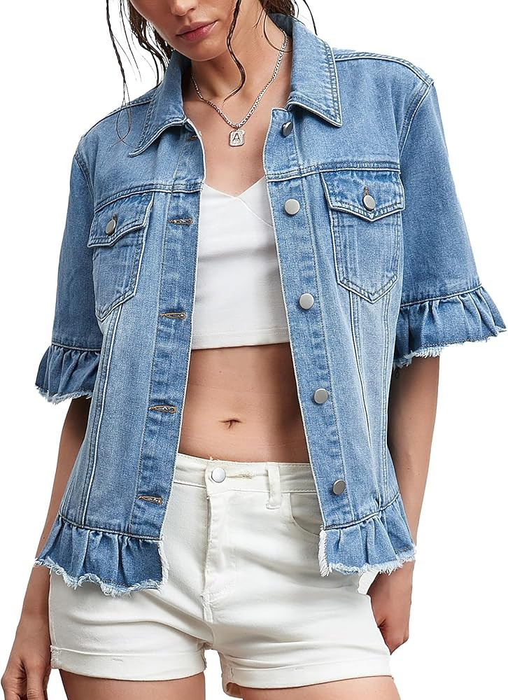 Kedera Short Sleeve Denim Jacket for Women Lightweight Blue Jean Jackets Ruffle Sleeve Denim Shir... | Amazon (US)