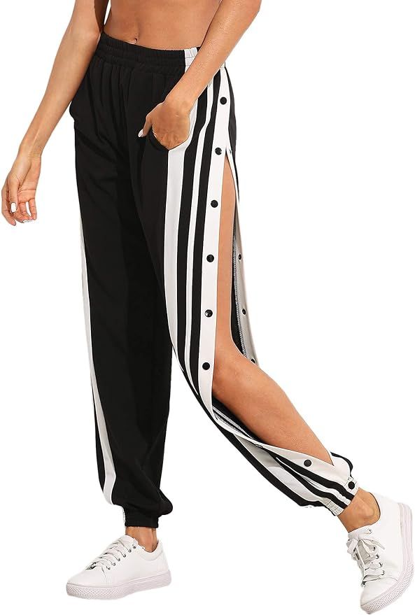 SOLY HUX Women's Sporty High Split Side Striped Joggers Snap Button Track Pants | Amazon (US)