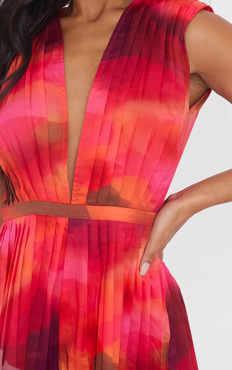 Pink Wave Print Pleated Shoulder Pad Plunge Romper | PrettyLittleThing US