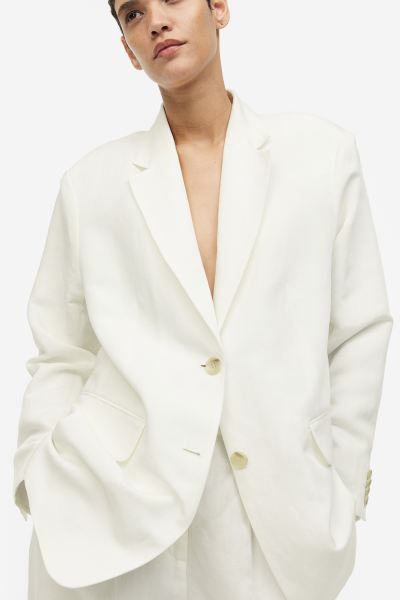 Oversized linen-blend blazer - White - Ladies | H&M GB | H&M (UK, MY, IN, SG, PH, TW, HK)