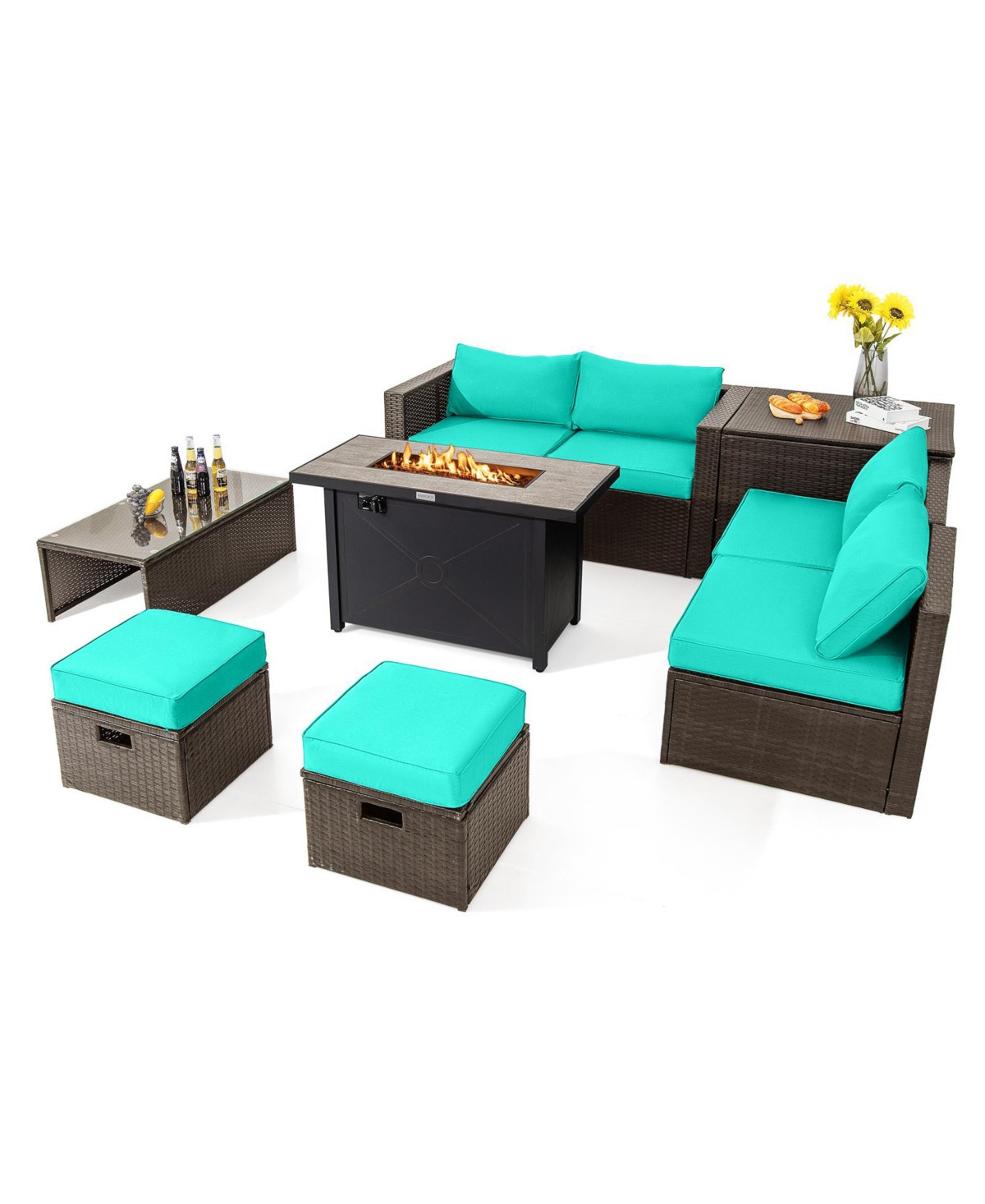 Gouun 9 Pieces Outdoor Patio Furniture Set with 42 Inch Propane Fire Pit Table - Turquoise/aqua | Macy's