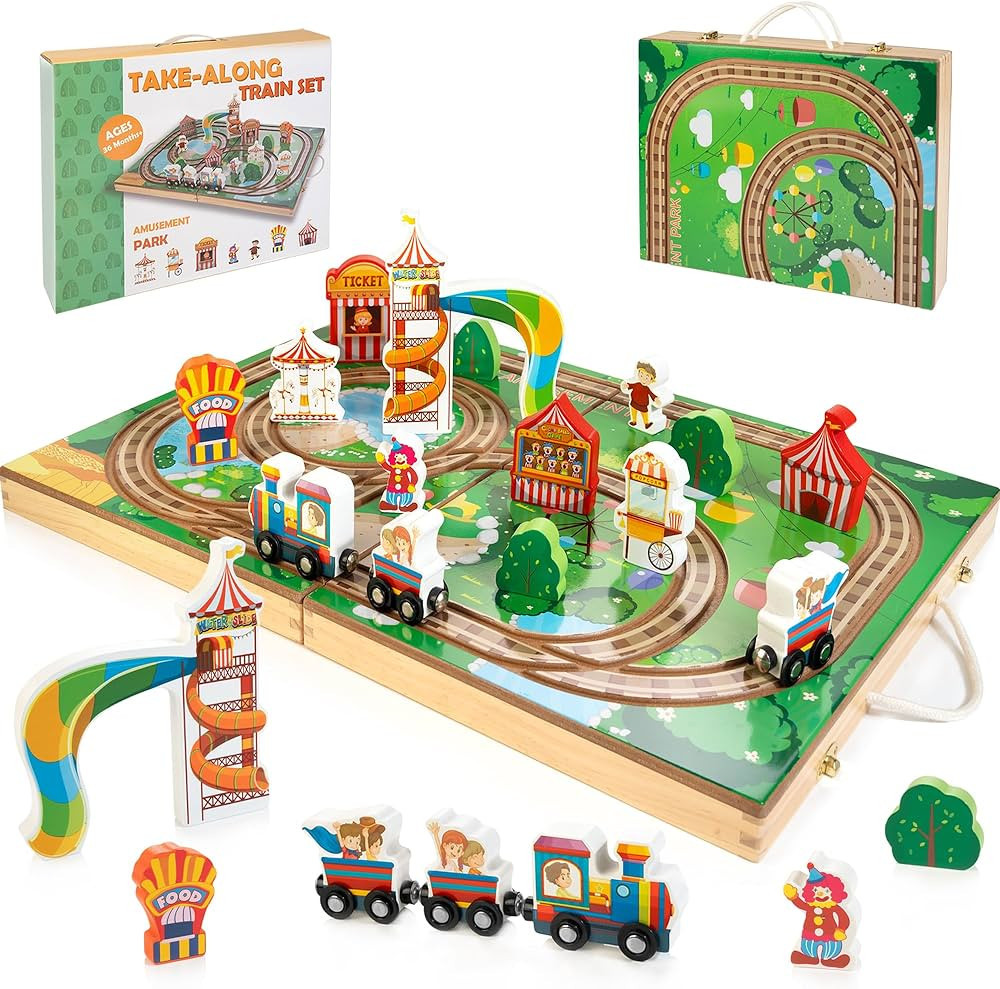 JUSTWOOD Take-Along Train Track Set with 2-in-1 Storage Box, Wooden Train Set for Toddlers 2-4, R... | Amazon (US)