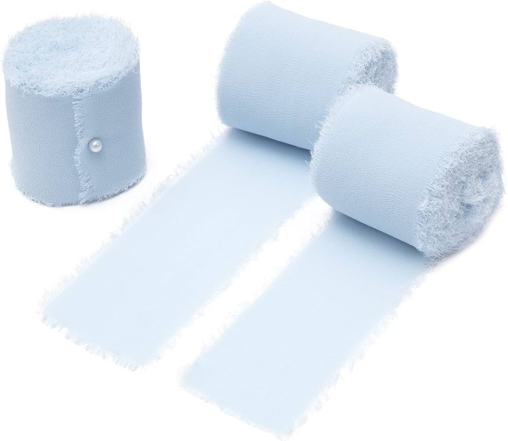 DORIS HOME 3 Rolls 2"x7Yd Fringe Chiffon Ribbon for Flower Bouquet, Handmade Baby Blue Ribbon for... | Amazon (US)