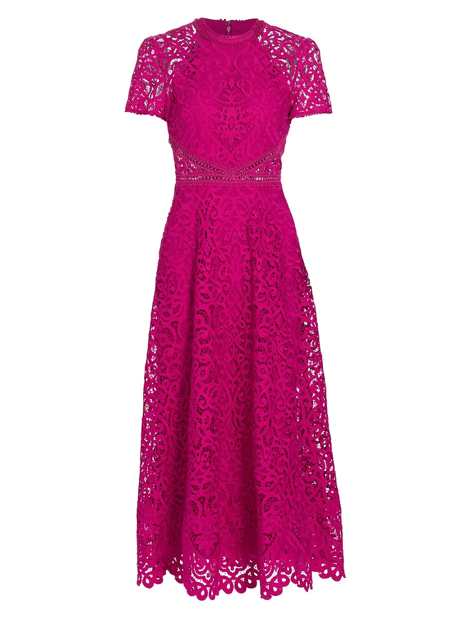 Women's Lace Short-Sleeve A-Line Midi Dress - Fuchsia - Size 4 | Saks Fifth Avenue