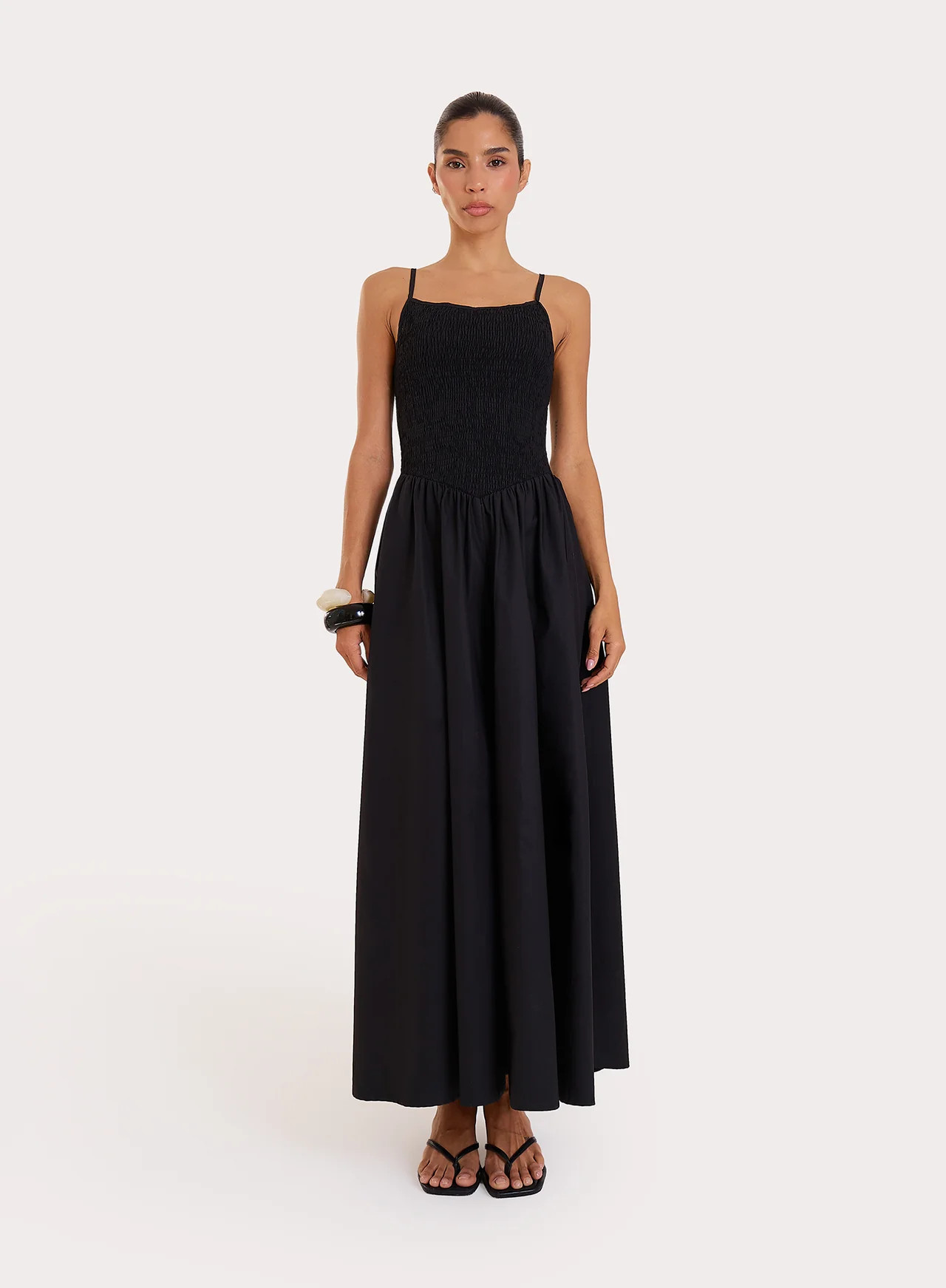 Women's Black Shirred Cotton Maxi Dress | Milano | 4th & Reckless | 4th & Reckless