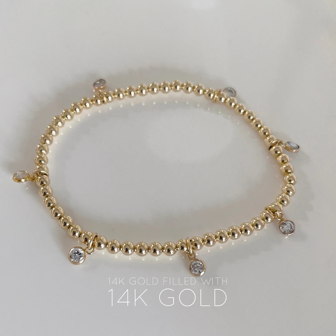 14KGF 3mm Gold Beaded Bracelet, 6 or 7 of 0.25ct Diamond CZ Dangle, Gold Bead Bracelet, Gold Fill... | Etsy (US)
