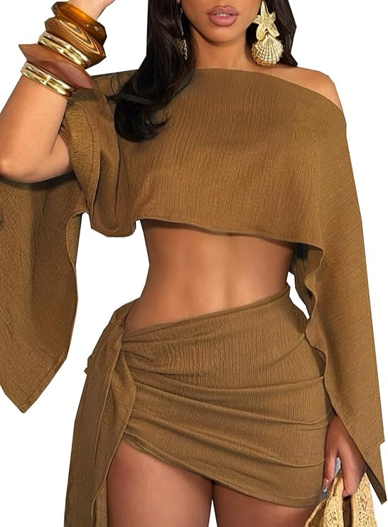 JYAOVO Women's 2 Piece Outfits Batwing Off Shoulder Irregular Crop Top and Mini Skirt Set Sexy Ma... | Amazon (US)
