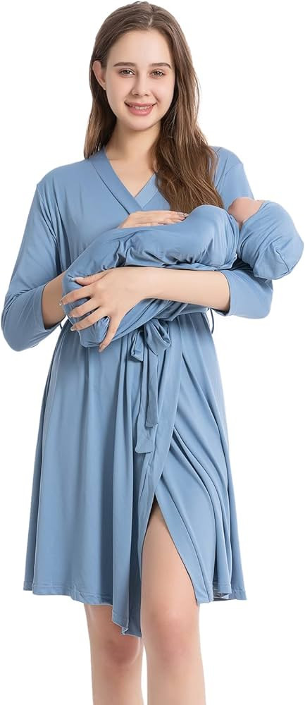 Galabloomer Maternity Robe and Baby Receiving Blanket, Matching Mommy Labor Delivery Robe and Swa... | Amazon (US)