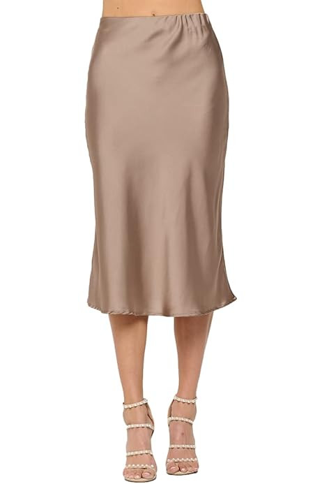 Women Solid High Waist Silky Casual Elastic Satin Midi Skirt - Made in USA (Available in Plus Siz... | Amazon (US)