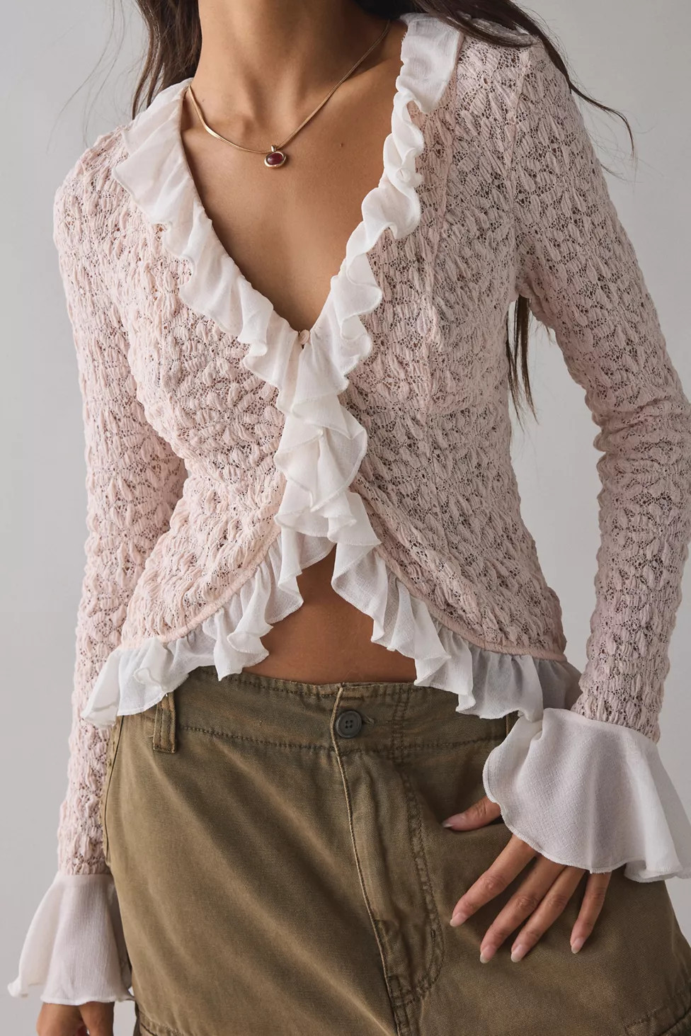 Kimchi Blue Libby Ruffle Trim Flyaway Lace Cardigan Top | Urban Outfitters (US and RoW)