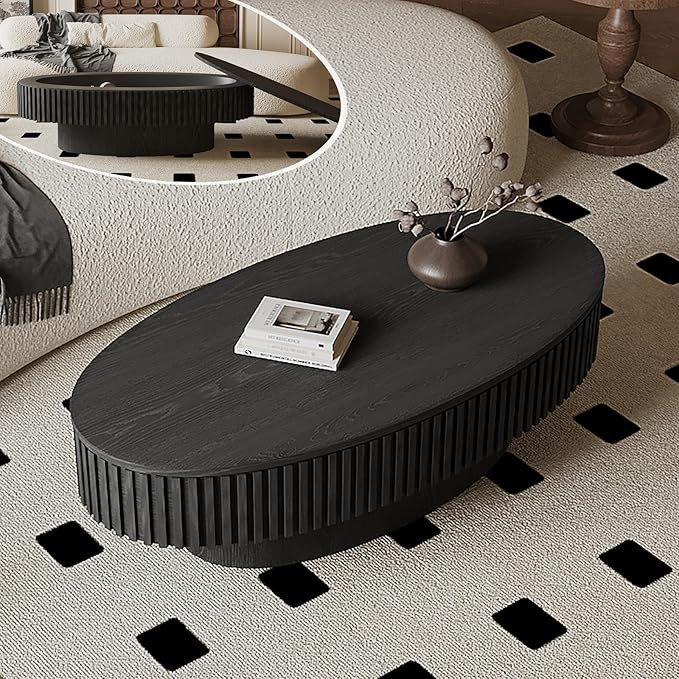 Oval Coffee Table with Storage, Modern Black Coffee Table with Solid Wood Veneered, Fluted Center... | Amazon (US)
