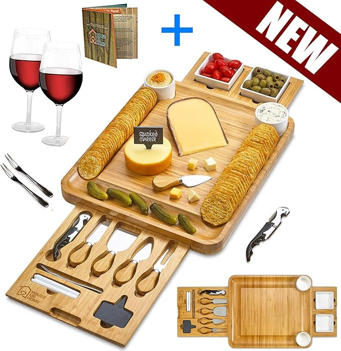 Cheese Board 2 Ceramic Bowls 2 Serving Plates. Magnetic 2 Drawers Bamboo Charcuterie Cutlery Knif... | Amazon (US)