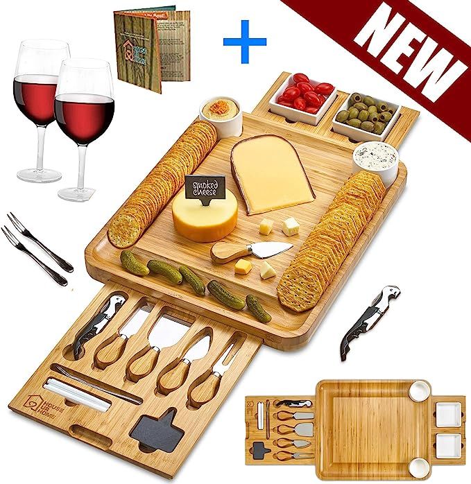 Cheese Board 2 Ceramic Bowls 2 Serving Plates. Magnetic 2 Drawers Bamboo Charcuterie Cutlery Knif... | Amazon (US)