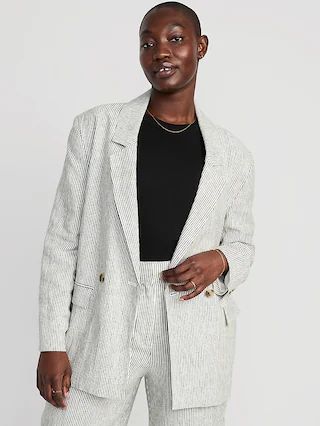 Striped Double-Breasted Linen-Blend Blazer for Women | Old Navy (US)