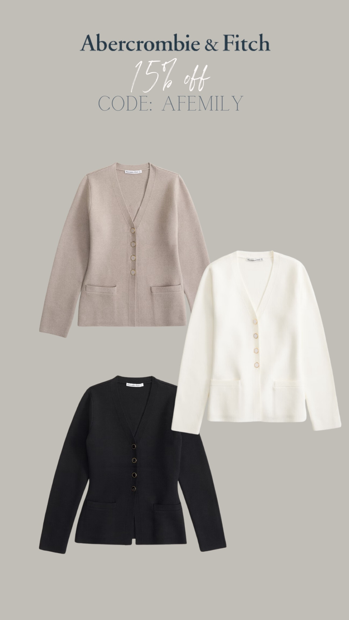 Abercrombie & Fitch edit 
25% off ALL jeans and 15% off everything else and then use my code: AFMEMILY for a further 15% off 
Valid: 23.08.24 - 26.08.24

Knitwear edit, cardigans, luxe cardigans, wardrobe staples 

#LTKautumn #LTKsale #LTKuk