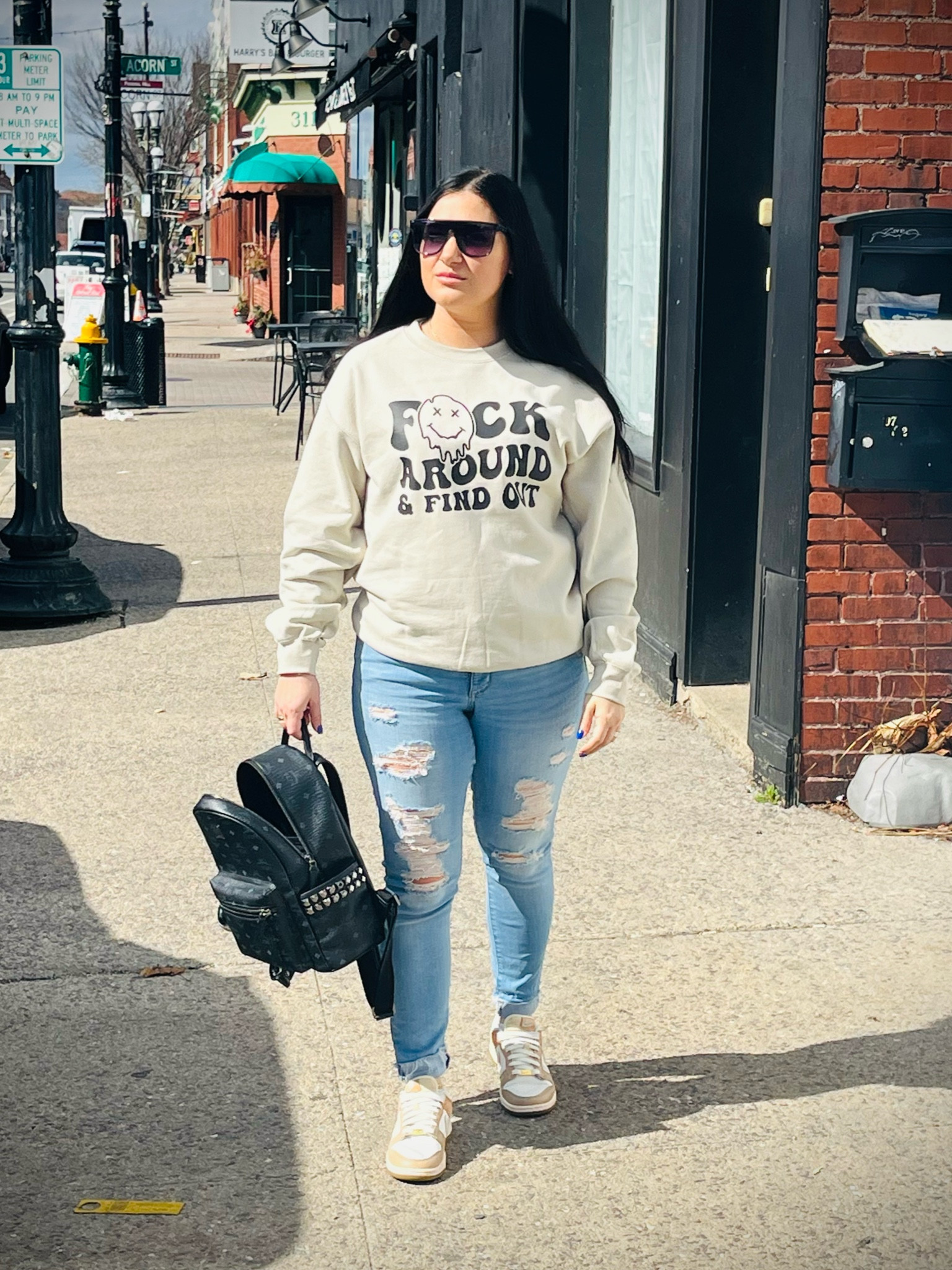 Casual & comfy fit for lunch on federal hill, Providence RI. Sweatshirt made by prettyteesandco on Instagram. 

#LTKBacktoSchool #LTKU #LTKShoeCrush