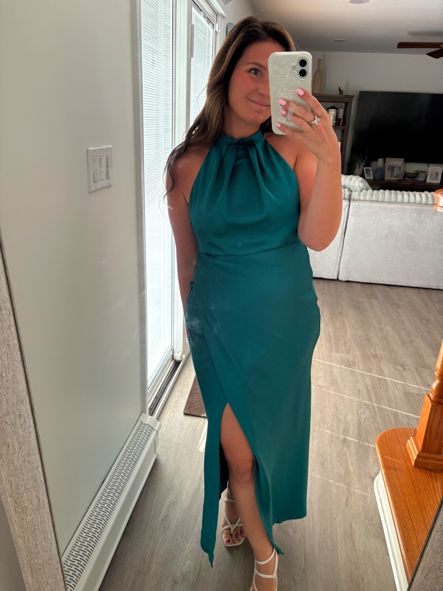 This Amazon dress is wedding guest perfection 💚 The halter neckline, flattering drape, and side slit make it feel luxe without the price tag. It comes in multiple colors, and I’m usually between sizes — the medium fit like a glove! Linked it here. #weddingguestdress #AmazonFashion #LTKeventstyle #affordablefashion 

#LTKFindsUnder50 #LTKWedding #LTKParties