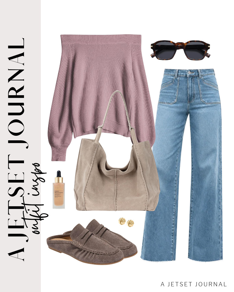 This cute purple ZAFUL off-shoulder knit sweater is perfect for wide-leg straight jeans from Cicy Bell. You can style this chic outfit with a The Sak Los Feliz tote bag and these brown chocolate Project Cloud mules. Include the Estée Lauder Futurist Skin Tint Serum foundation in your makeup, then finish the look with PAVOI earrings and SOJOS retro square polarized sunnies. 

 #LTKSeasonal #LTKSaleAlert #LTKTravel