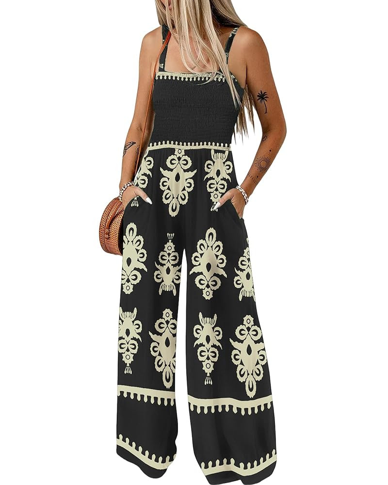 Bsubseach Women Boho Jumpsuits Sleeveless Floral Print High Waist Wide Leg Overalls with Pocket 2... | Amazon (US)