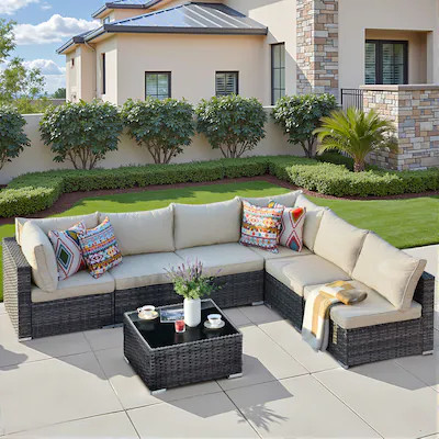 Toject Gray 7-Piece Wicker Outdoor Patio Conversation Sofa Seating Set with Beige Cushions | Lowe's
