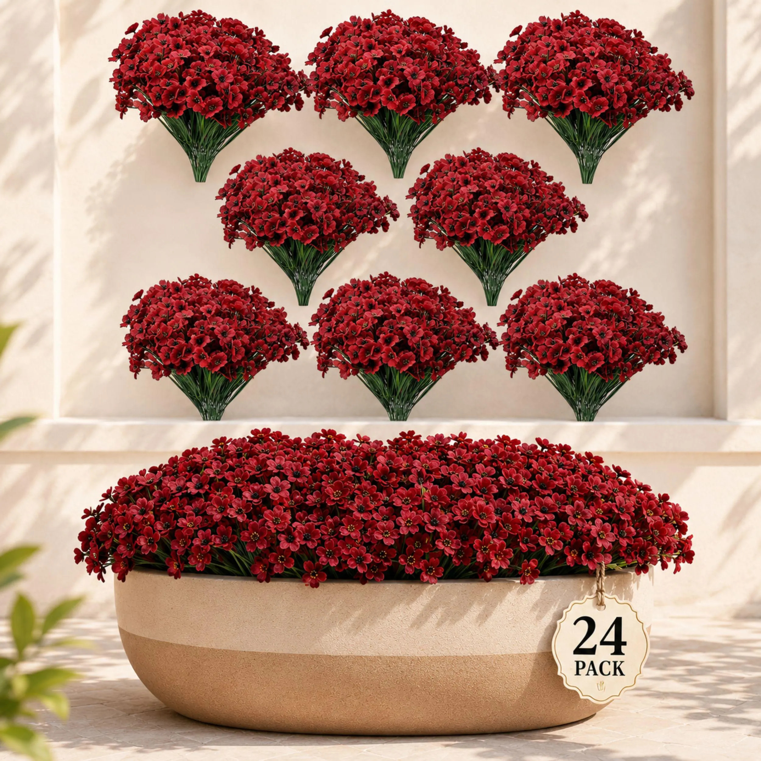 Artificial Burgundy Mum Flowers, 24 Pack Faux Flower Bundles, UV Resistant Fake Flowers for Garden, Porch, Patio, Window Box and Home Decor | Etsy (Global)