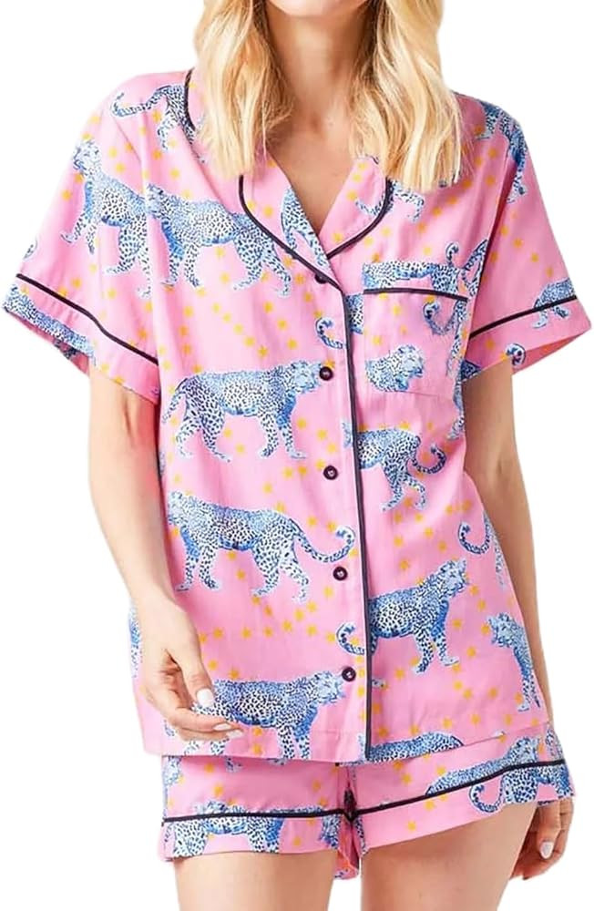 Women Cute Animal Print Pajama Set Short Sleeve Button Down Shirt Lounge Shorts Set Y2k Cartoon 2... | Amazon (US)