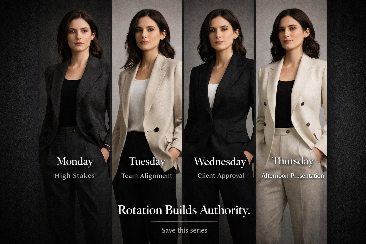 Authority isn’t built in one look.
It’s built in controlled rotation.

The room changes.
The structure doesn’t.

High stakes. Alignment. Approval. Presentation.

Presence is calibrated — not improvised.

#LTKWorkwear
