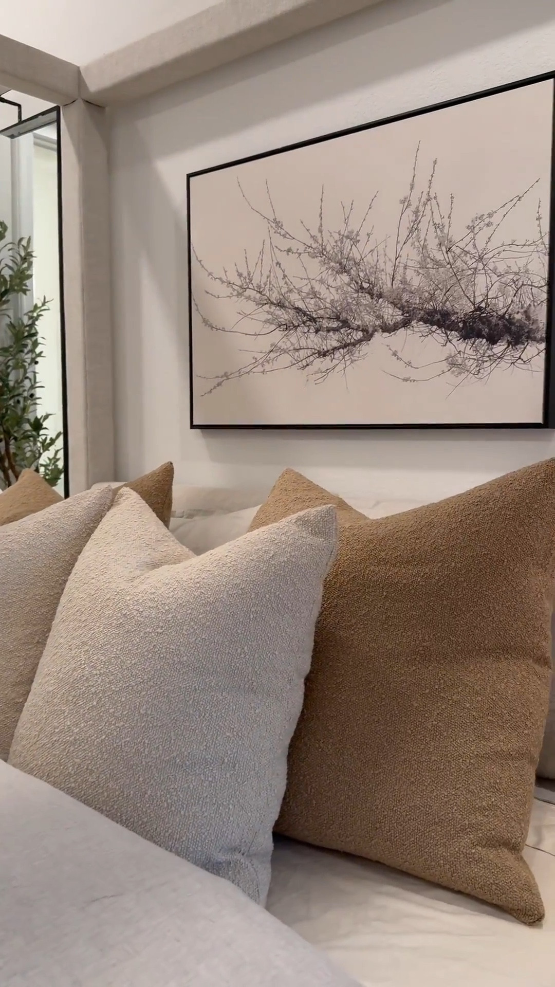 Finally found the perfect neutral art piece for this room. It measures. 36x24"" …. Brown Pillows are 24x24"" with 26x26"" down inserts. Wheat color pillows are 20x20"" with 22x22"" down inserts 


Measurements: 

Bed: Queen 

Duvet: King size - I inserted 2 King sized down inserts to give the bed a fuller look. Sheets & pillows are Queen sized 

Mirrors - 58"" H x 18"" W……mirrors will make your space feel larger as well as reflect light to other parts of the room! 

Drapes: Color Cafe Brown … Size 40""W x 108"" W 

I used two duvet inserts to create that fluffy look.. 

Bed size is a Queen and the duvet+inserts are King size. I like sizing up on bedding bc it gives more fabric to work with especially if you want your bed to look full around! 😊

I used the “small table lamp” (linked) to create the glow effect behind the planter. I recommend  warm white light bulbs. 😊

#LTKSaleAlert #LTKStyleTip #LTKHome