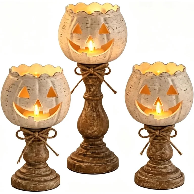 Rustic White Pumpkin Tealight Candle Holder Set of 3,Vintage Pumpkin Lantern Candle Stands,Farmho... | Walmart (US)