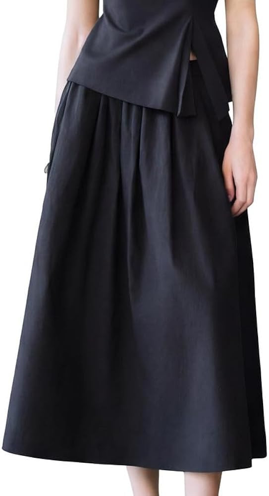 URBAN REVIVO Women's Black High Waist Ruched A-Line Midi Skirt \u2013 Casual Stretchy Work Skirt ... | Amazon (US)