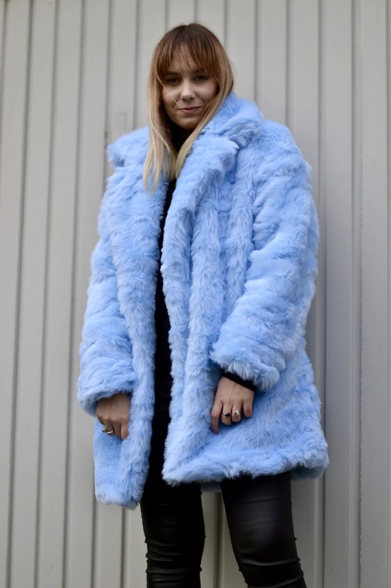 Baby Blue fur coat, fluffy jacket, furry, 100% polyester, vegan, fake fur, oversize coat. | Etsy (Global)