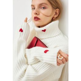 Embroidered Red Heart Turtleneck Crop Sweater in White | Chicwish