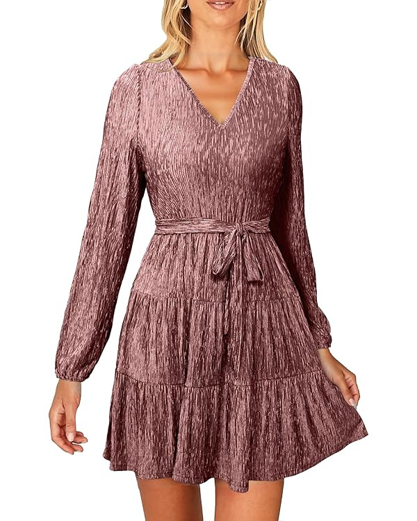 Simplee Womens Velvet Long Sleeve V Neck Fall Dress Tiered Flowy Mini Cocktail Dress Winter Casua... | Amazon (US)