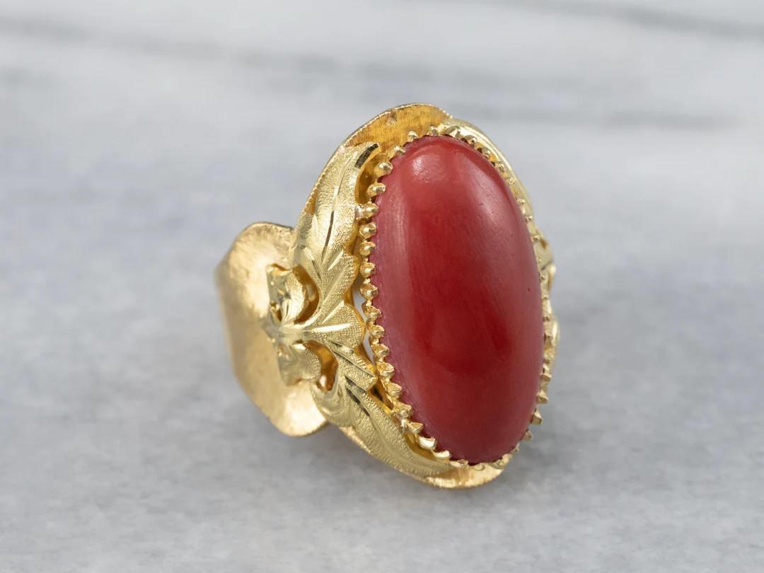 18K Gold Ornate Coral Ring, Victorian Style, Size 6.75 | Etsy (US)