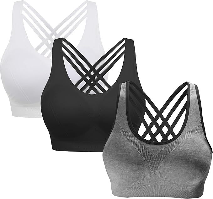 AKAMC 3 Pack Women's Medium Support Cross Back Wirefree Removable Cups Yoga Sport Bra | Amazon (US)