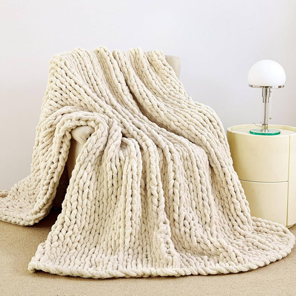 Admitrack Chunky Knit Blanket Throw 51"x63", 100% Hand Knit Chenille Throw Blanket for Sofa & Hom... | Amazon (US)