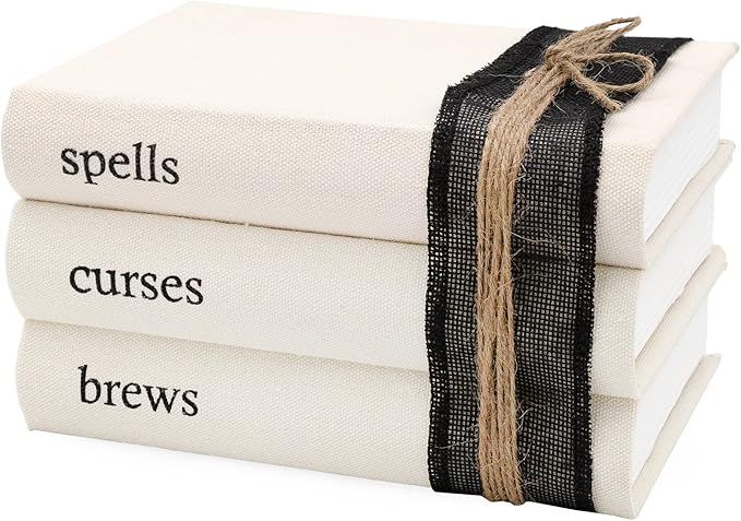 AuldHome Halloween Faux Book Stack; Decorative Witches’ Book Set with Burlap Ribbon Wrap | Amazon (US)