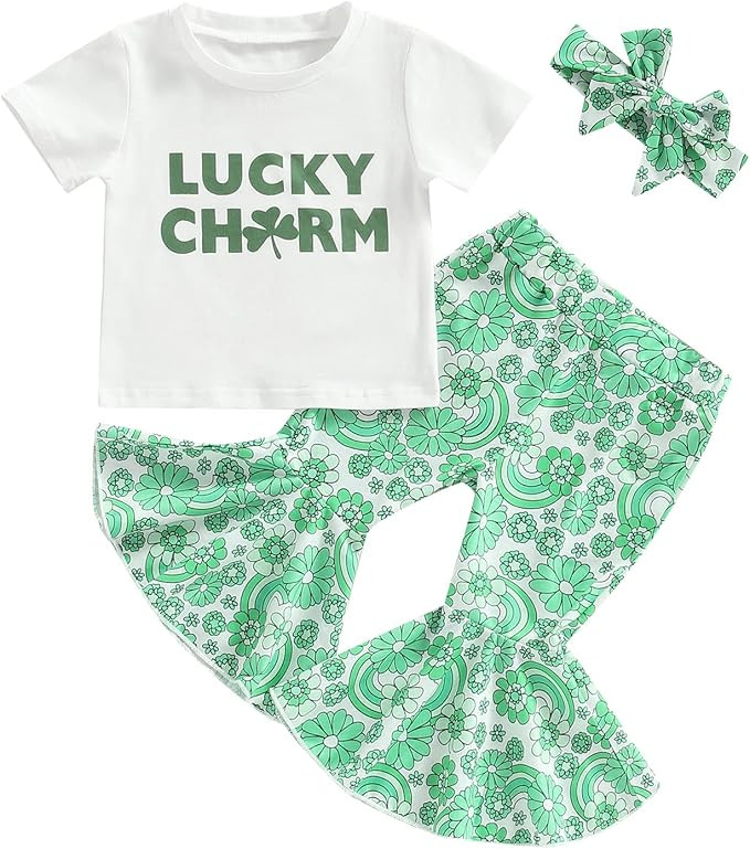 Baby Girl St Patricks Day Outfit Newborn Infant Toddler Lucky Charm Shirt Top Flared Pants Set Cl... | Amazon (US)