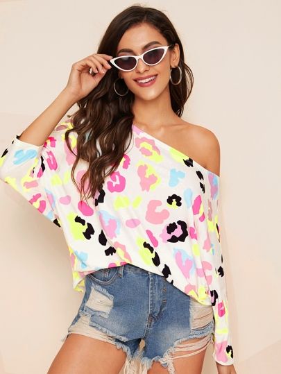 SHEIN Multicolored Leopard Print Batwing Sleeve Top | SHEIN