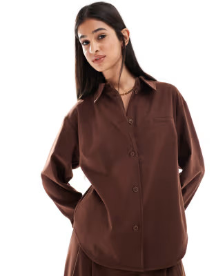 ASOS DESIGN wool look boxy tailored shirt in brown - part of a set | ASOS (Global)