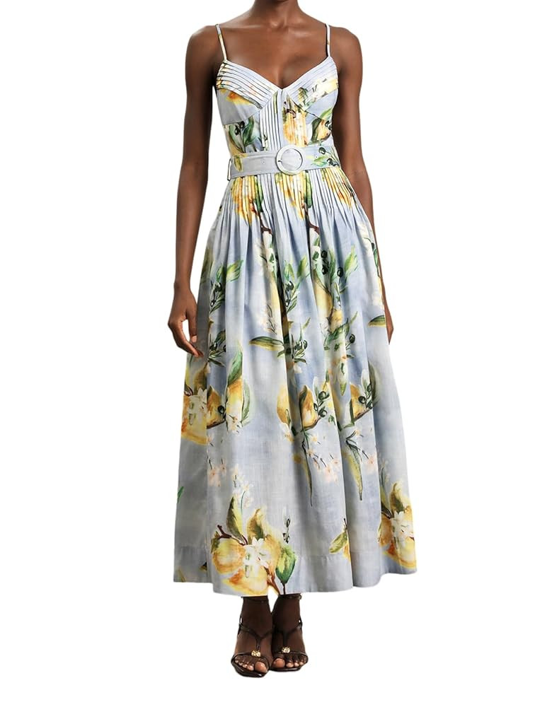 Spaghetti Strap Belted Lemon Print Ruched Bust Pleated Dress for Women Party Linen Blend Corset P... | Amazon (US)