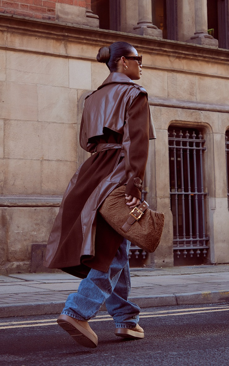 Chocolate Faux Leather Contrast Wool Look Belted Trench Coat | PrettyLittleThing UK