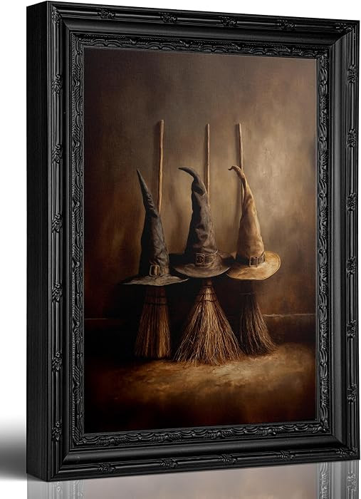 Anpeer Halloween Witch Hat Broom Framed Wall Art, Vintage Farmhouse Decor, Spooky Rustic Painting... | Amazon (US)
