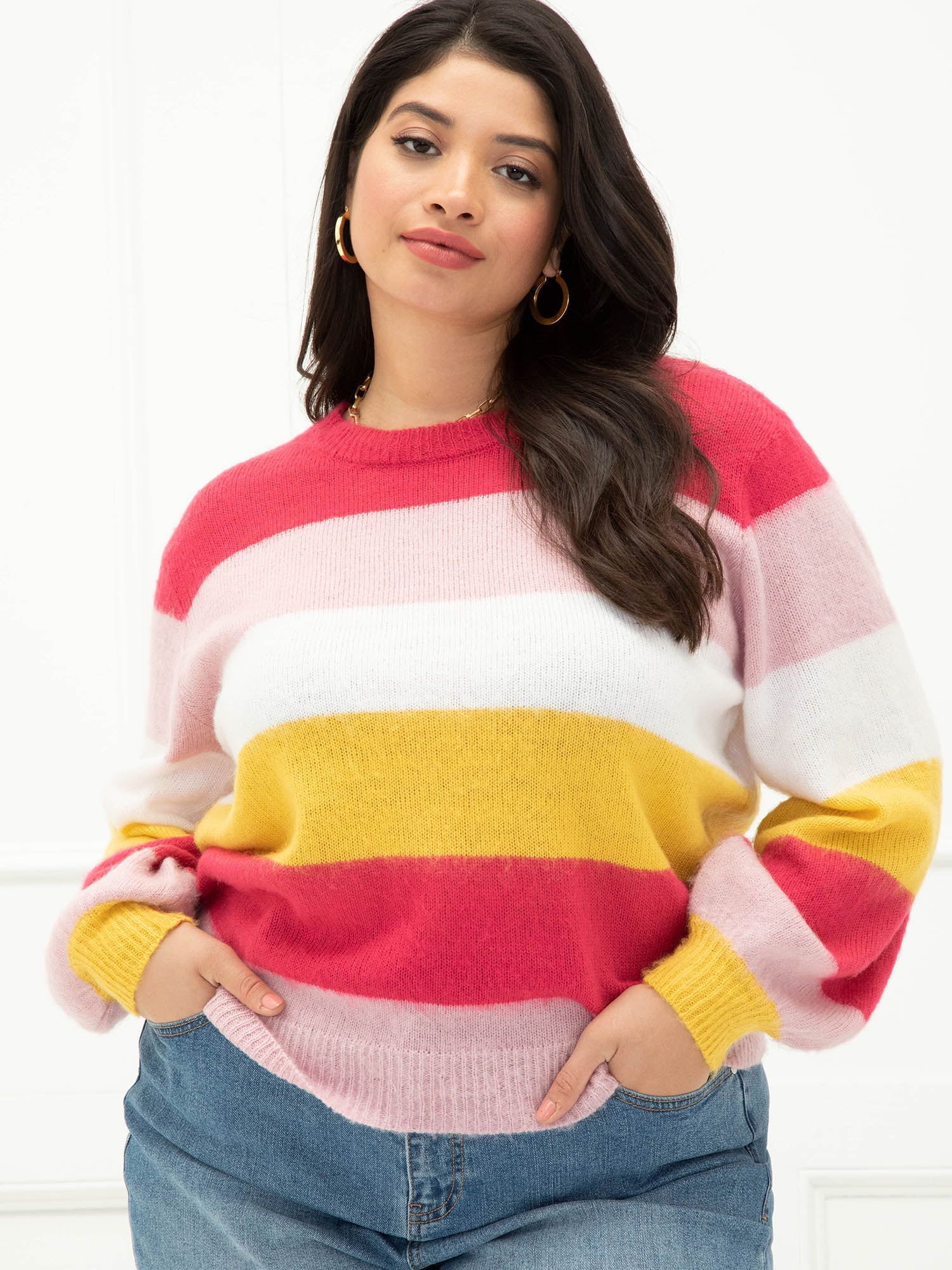 ELOQUII Elements Women's Plus Size Striped Balloon Sleeve Sweater - Walmart.com | Walmart (US)