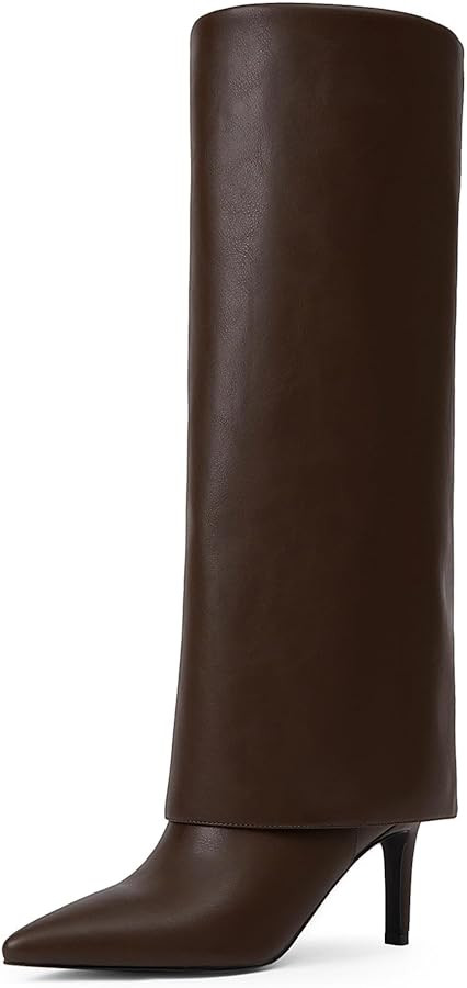 Knee High Boots Women Fold Over Boots Pointed Toe Stiletto Heel Long Shark Tall Boots with Zipper | Amazon (US)
