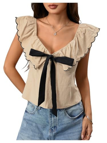 MakeMeChic Women's Bow Tie Front Sweetheart Blouse Ruffle Cap Sleeve Dressy Crop Tops Apricot Medium | Amazon (US)