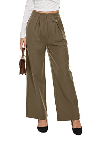 FUNYYZO Women's Back Elastic Waist Straight Leg High-Waisted Pleated Pants Work Casual Trousers Dark Brown | Amazon (US)