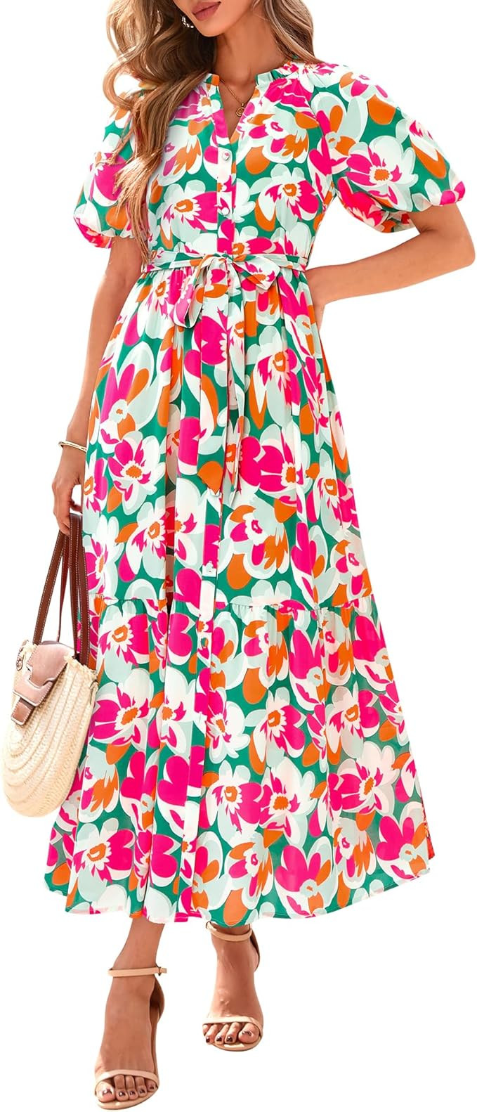 BTFBM Summer Dresses for Women 2026 Boho Short Sleeve V Neck Button Belt Flowy Spring Clothes Bea... | Amazon (US)