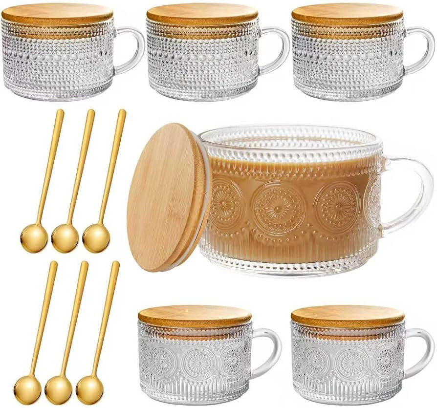 6 PACK Vintage Glass Coffee Mugs 14oz Clear Embossed Tea Cup Set with Bamboo Lids and Gold Spoons... | Amazon (US)