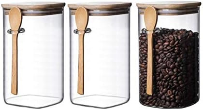 3 Pc Clear Square  Glass Storage Jar with Bamboo Lids With bamboo Spoons - Airtight Food Jars - ... | Amazon (US)
